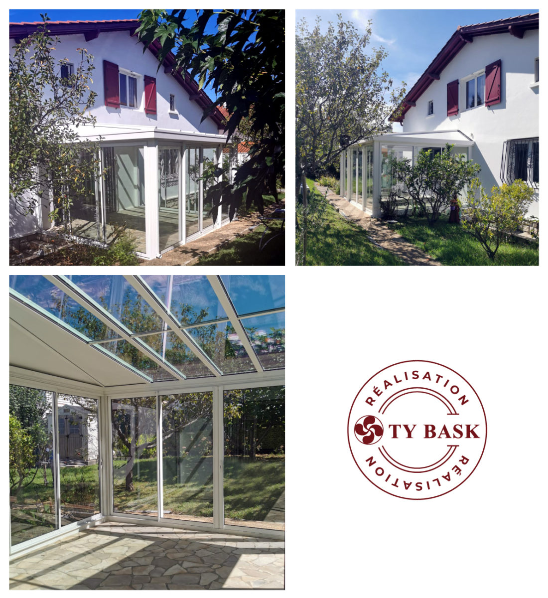 Exemple de réalisation Ty Bask à Hendaye : pose d'une véranda sur-mesure avec toiture en double vitrage contrôle solaire.